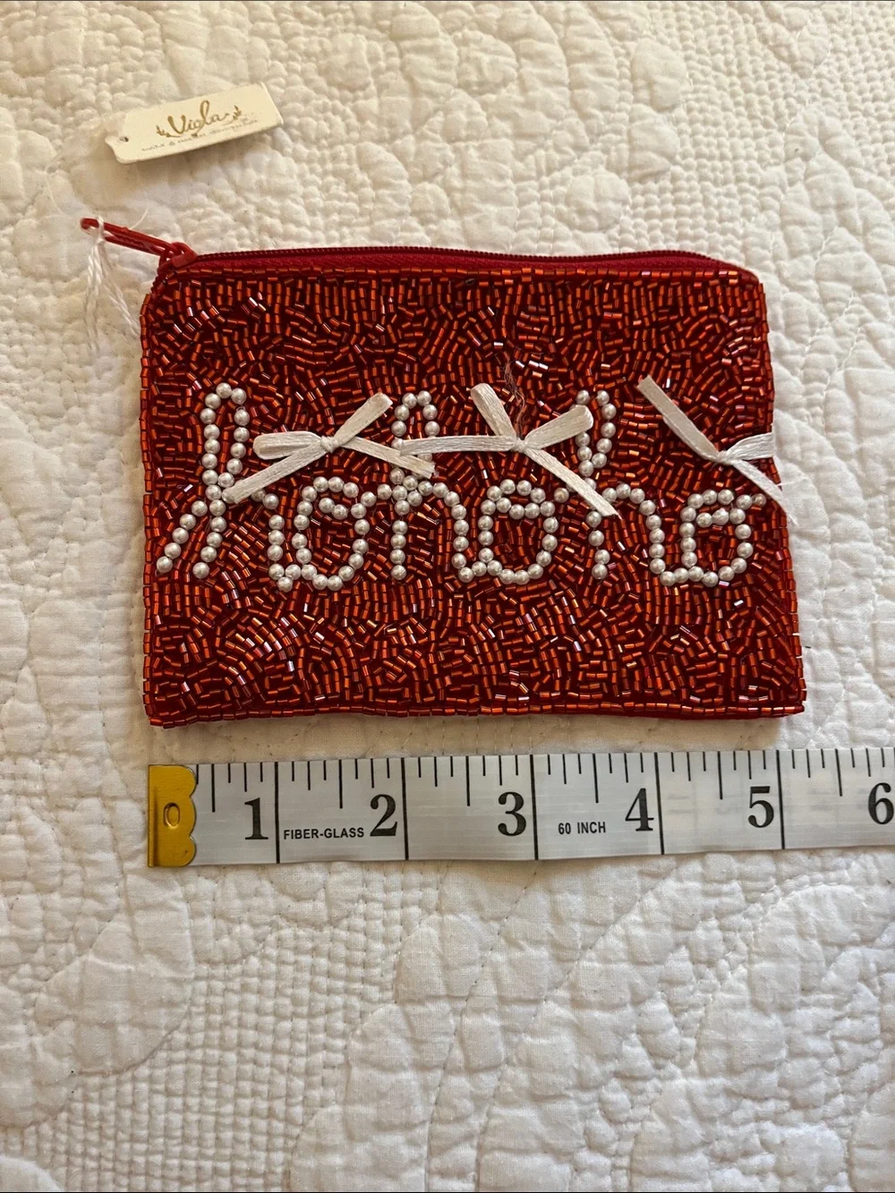 Viola Beaded Red Christmas “Hohoho” Wristlet Pouch with Pearl Accent: Super Cute